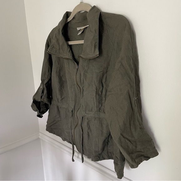 Christopher + Banks Linen Blend Olive Green Zip Tie Jacket Large - Picture 2 of 6